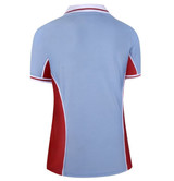 A light blue and red polo shirt with contrasting trims and a logo on the back.