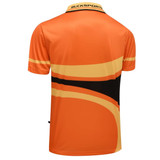 A customised polo shirt in vibrant orange, featuring black and yellow stripes and a logo on the collar.