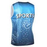 A blue Aboriginal singlet vest featuring handprint designs and a logo on the back.