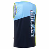 A sleeveless hockey training shirt in blue and navy, featuring large text on the back and a logo.