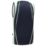 A sleeveless singlet featuring navy blue and white with green stripes, showcasing a sporty design and a logo.