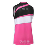 A basketball vest featuring a bold design with black, pink, and white colours, along with a logo and branding.