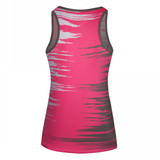 A pink racing singlet with grey and white abstract patterns and a logo on the back.