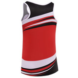 A women's singlet in red, black, and white with a dynamic design and a logo on the back.