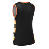 A sleeveless women's singlet in black with orange and yellow checkered accents, featuring a logo.