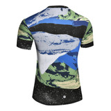 A custom-made cotton tee featuring an abstract pattern with blue, green, and black colours. It includes a branding logo.