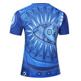 A blue t-shirt featuring intricate Aboriginal patterns and designs on the back, with a logo present.
