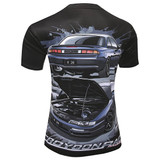 A polyester sublimation racing T-shirt featuring a graphic design of a black sports car on a black background.