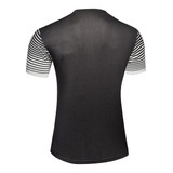 A black and white striped short-sleeve shirt with a black body and striped sleeves, featuring a logo on the back.