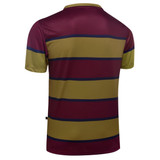 A striped tee featuring maroon and olive green colours with horizontal stripes on a short-sleeve design.