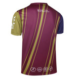 A maroon and olive green skateboard-themed T-shirt featuring stripes and a logo, showcasing a sporty design.