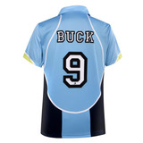 A sports polo in light blue and navy, featuring the name 'BUCK' and the number '9' on the back.