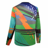 A long sleeve t-shirt featuring a vibrant abstract design with green, orange, blue, and black colours. It has a logo.