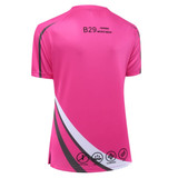 A pink custom lady t-shirt with a sporty design and a logo on the back. Features stripes in grey and black.