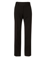 Women's low rise pants in black wool stretch with a straight leg cut. Features a simple waistband and no visible branding.