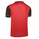 A red sportswear t-shirt with black sleeves and a logo on the back.