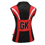 A netball polo featuring red and black colours with a zippered pocket and a logo on the back.