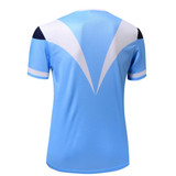 A blue sublimated tee with a distinctive white and navy design on the back. Features a logo on the front.