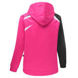 A hoodie in bright pink with black and white accents, featuring a hood and long sleeves.