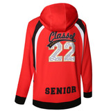 A red sports hoodie featuring a large "Class of 22" design on the back and a hood. It has contrasting black details.
