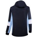 A hooded polar fleece garment in navy blue with light blue, white, and navy stripes on the sleeves.
