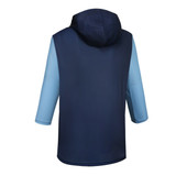 A navy blue tank top hoodie with 3/4 long sleeves, featuring a hood and a light blue front.