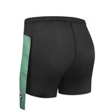 Black shorts with a green side panel and a logo, featuring a fitted design and elastic waistband.