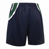 A pair of navy shorts with green and white detailing, featuring an elastic waistband and a logo.