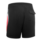 Woven long shorts in black with red and white detailing, featuring a back pocket and an elastic waistband.