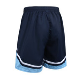 Navy blue school shorts with light blue and white stripes, featuring an elastic waistband and a logo.