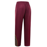 Zipper bottom training pants in maroon with stripes along the side and an elastic waistband. Features a logo.
