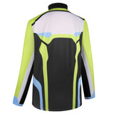 A thick pullover quarter zip in black, lime green, and blue, featuring a colourful design and a logo.