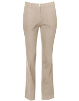 Women’s chino pants in a light beige colour, featuring a button closure and a slight flare at the hems.