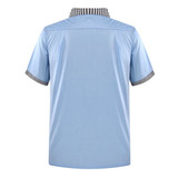 A light blue short-sleeve shirt with a checkered black and white collar. It features a back yoke and has a logo.