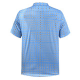 A blue short-sleeved checked shirt with a patterned design, featuring a collar and a logo.