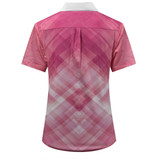 A pink blouse with a gradient design, featuring short sleeves and a collar. It has a logo on the garment.