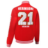 A red varsity jacket featuring a name and number on the back, with striped cuffs and collar. It has a logo on the sleeve.