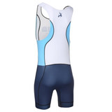 A rowing uniform suit featuring a white, light blue, and navy colour scheme, with a logo on the back.