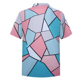 A multi-coloured short-sleeved shirt featuring a geometric pattern in pink, blue, and grey with a black outline.