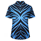 A short-sleeved shirt featuring a blue and black tribal design, with a collar and a branded logo.