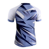 A kid's swimwear top featuring a blue and white design with geometric patterns and a logo.