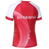 A red and white women's swimwear top featuring a circular design and a logo on the back.