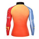 A long-sleeved rash shirt featuring a gradient of orange, red, and blue colours with a logo present.