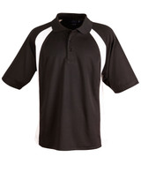 A black and white men's polo shirt featuring a collar and short sleeves, with a logo on the chest.