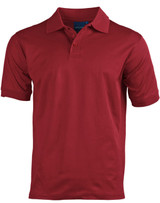 A red men's polo shirt with a collar and three-button placket. It features short sleeves and has a logo.
