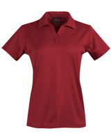 A red women's short sleeve polo shirt with a collar, featuring buttons and a logo.
