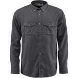A dark grey button-up shirt with two chest pockets and a logo on the collar.
