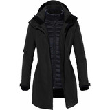 A black women's jacket featuring a hood and a quilted inner layer, designed for various weather conditions.