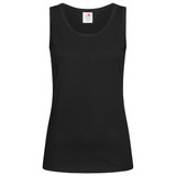 A black women's classic tank top with a sleeveless design and a logo at the neckline.