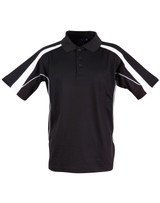 A black short sleeve polo shirt with white stripes on the sides and a collar. It features a logo on the front.